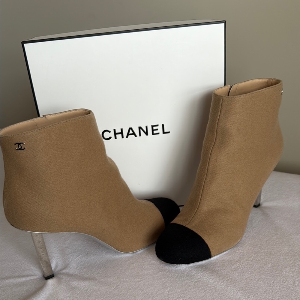 Authentic Chanel Tan and Black Women's Ankle Boots